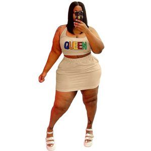 Women Casual Athleisure Sleeveless Queen Letter Applique Crop Tank Top And Skirt